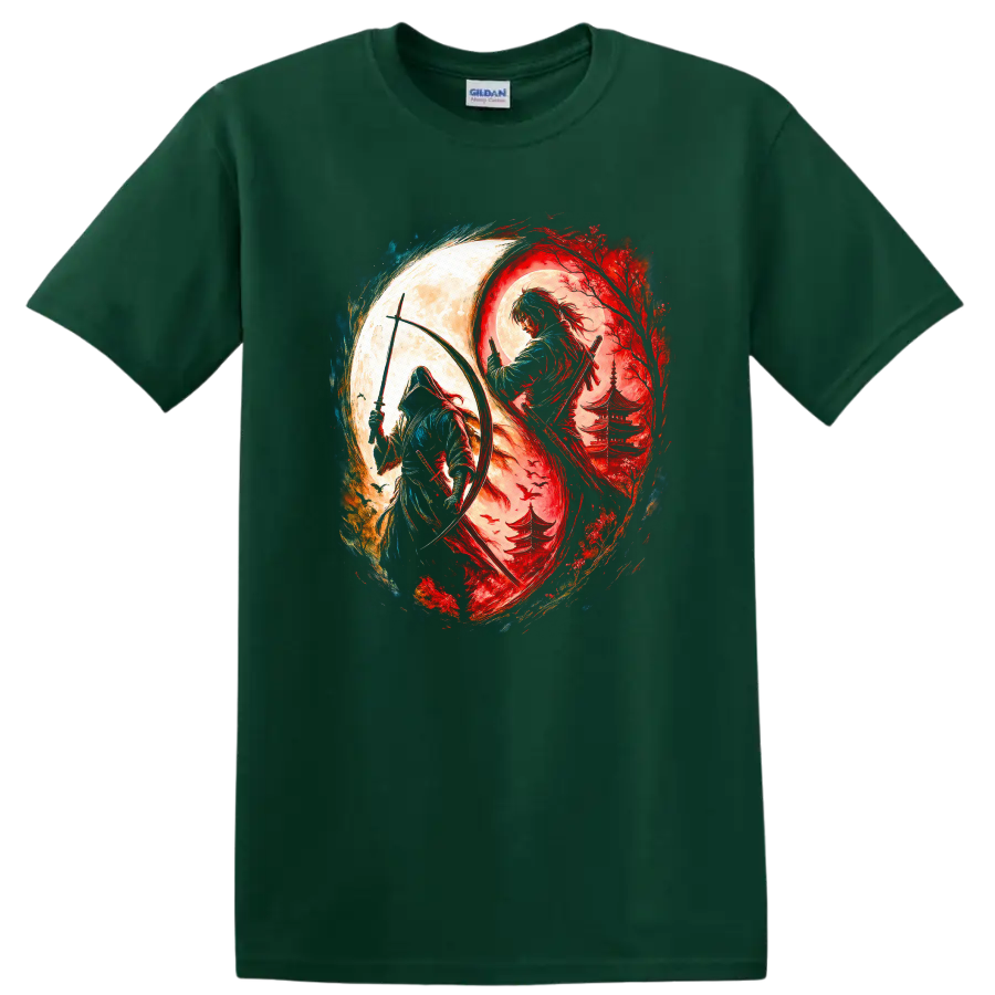 Japanese Samurai Yin Yang Warrior Art T Shirt for Zen Street Style - Forest Green