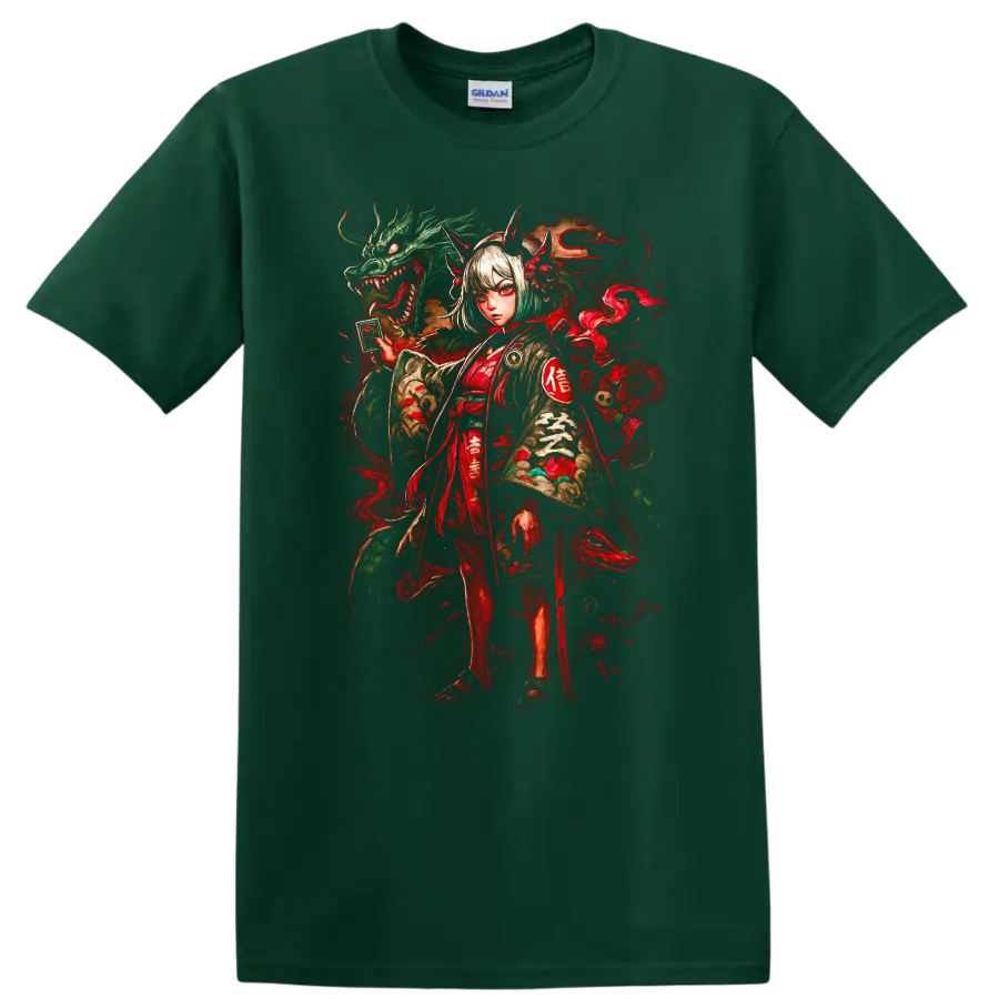 Japanese Style Demon Girl and Dragon Art T Shirt - Forest Green