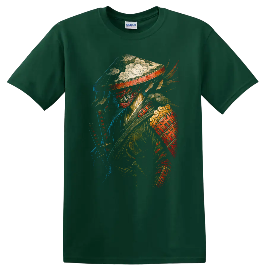 Japanese Style Warrior Mask T Shirt Colorful Fantasy Art - Forest Green