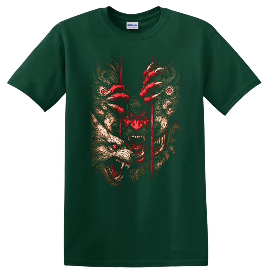 Japanese Oni Mask Graphic T Shirt with Red Claws and Fierce Demon Art - Forest Green