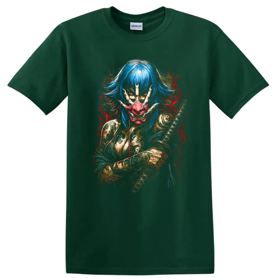 Japanese Style Oni Mask Blue Hair Samurai T Shirt Dark Fantasy Art - Forest Green