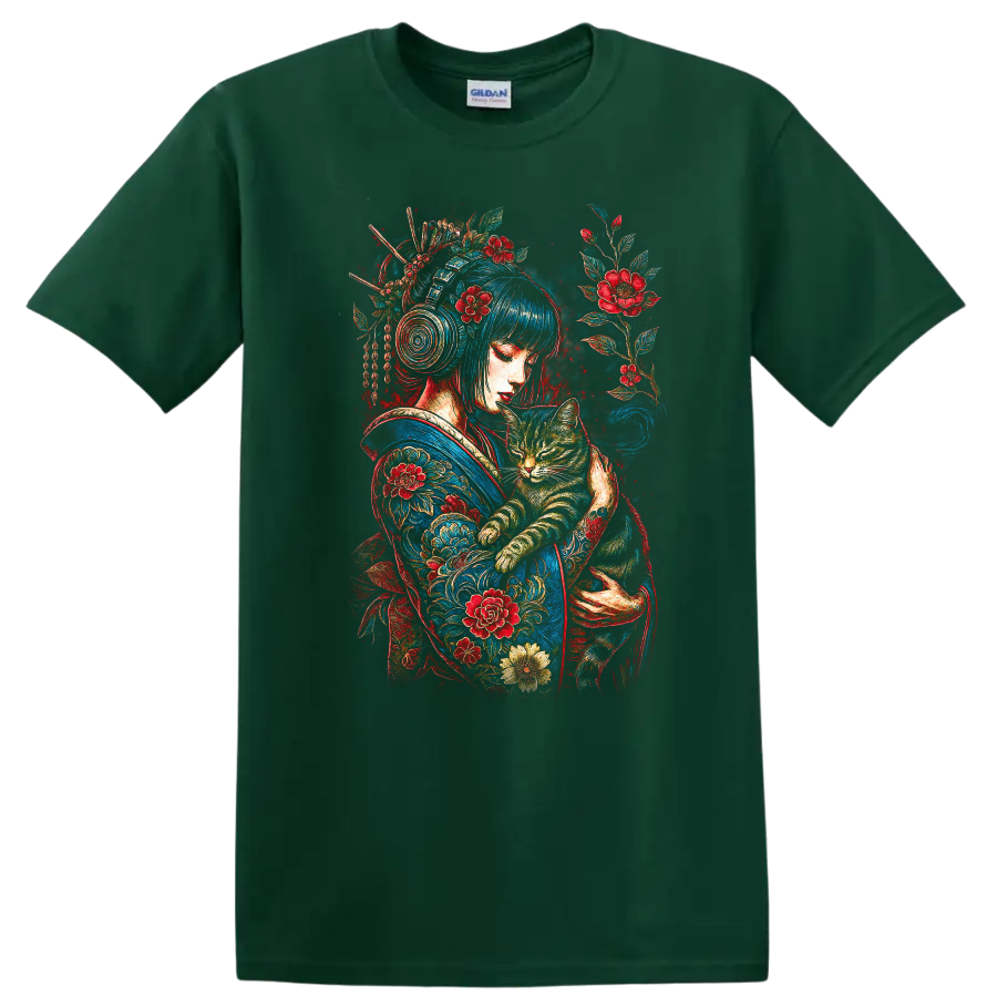 Japanese Style Woman With Cat Floral Art T Shirt - Forest Green