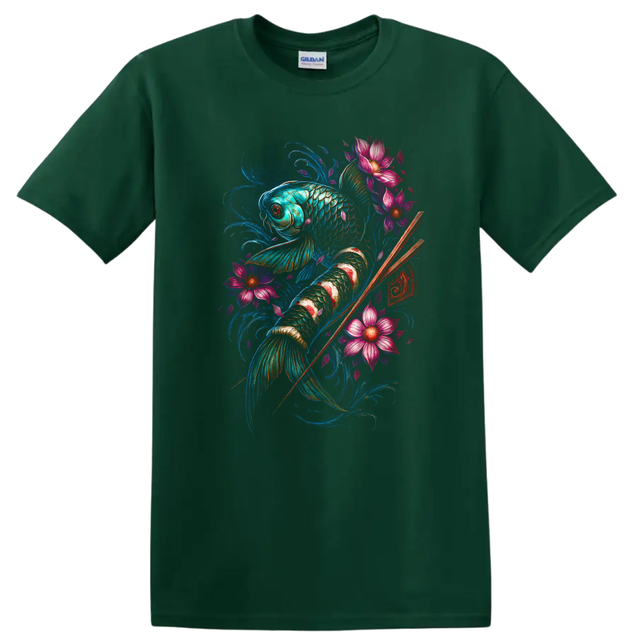 Japanese Koi Fish Floral Art T Shirt, Vibrant Watercolor Design - Forest Green