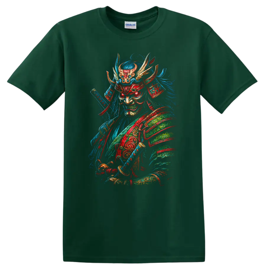 Japanese Samurai Demon Mask T Shirt Fierce Neon Warrior Art - Forest Green