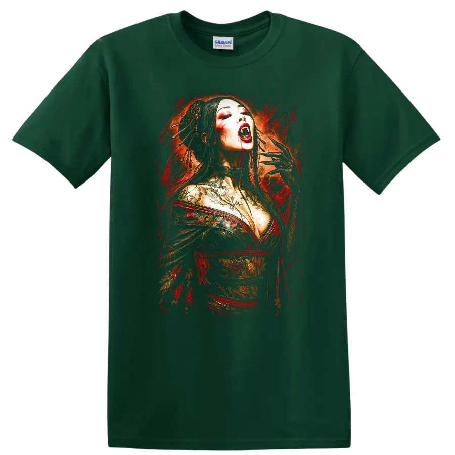 Japanese Geisha Vampire Art T Shirt Floral Horror Style - Forest Green