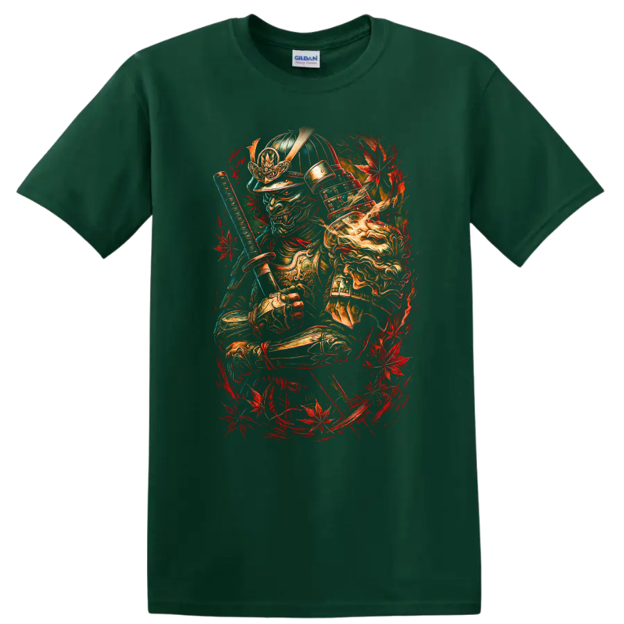 Japanese Samurai Warrior Mask T Shirt with Red Maple Leaves - Forest Green