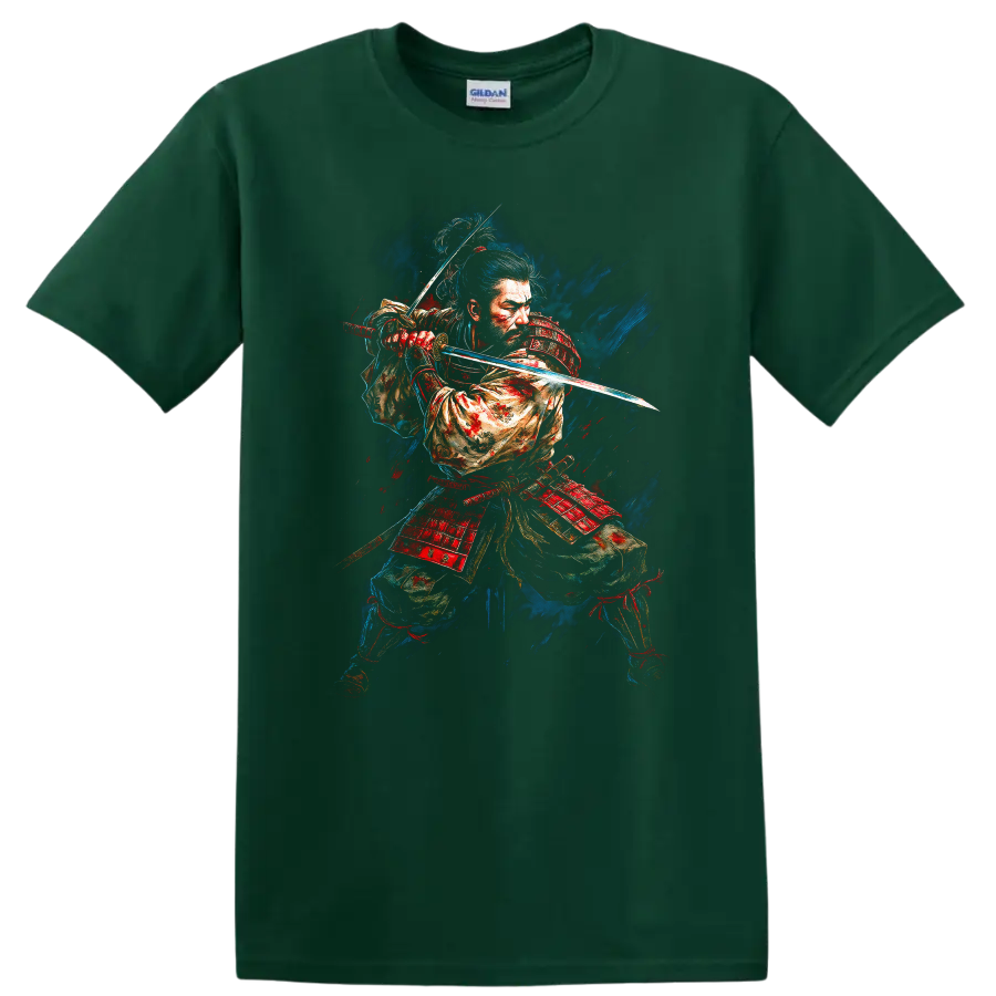 Japanese Samurai Sword Warrior T Shirt Bold Katana Art Graphic Tee - Forest Green