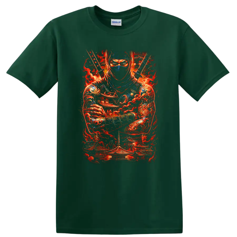 Japanese Ninja Samurai Warrior Fire Art T Shirt for Martial Arts Fans - Forest Green