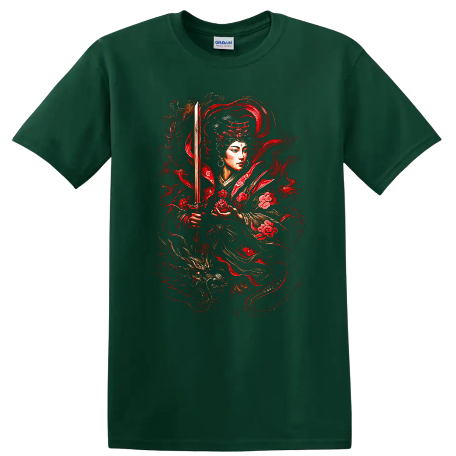 Japanese Warrior Katana Red Floral Samurai T Shirt - Forest Green