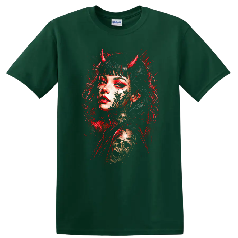 Japanese Style Demon Girl Skull Graphic T Shirt Red and Black - Forest Green