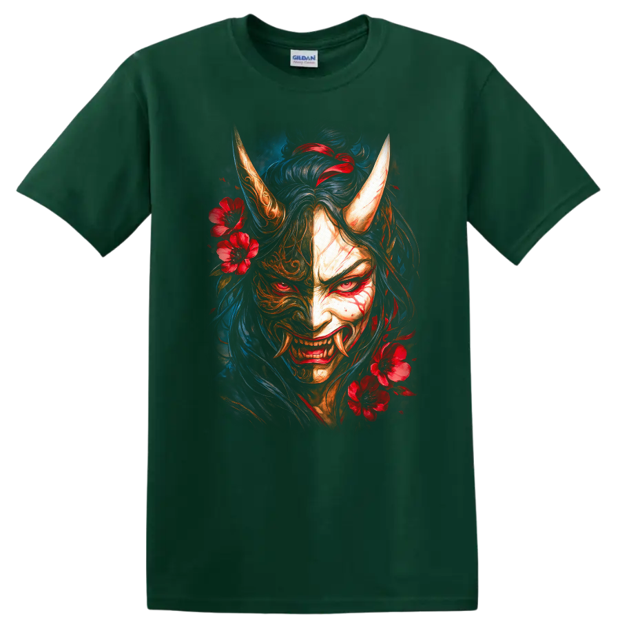 Japanese Oni Demon Mask Floral T Shirt for Fans of Dark Samurai Art - Forest Green