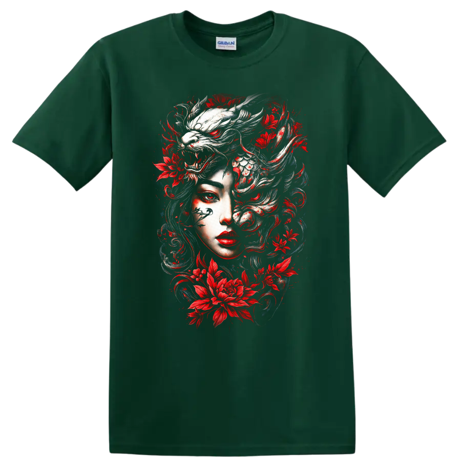 Japanese Style Oni Mask Floral Dragon T Shirt Red White Artwork - Forest Green