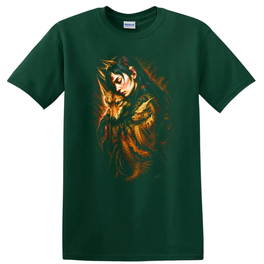 Japanese Style Fox Spirit Dragon T Shirt Mystical Warrior Art - Forest Green