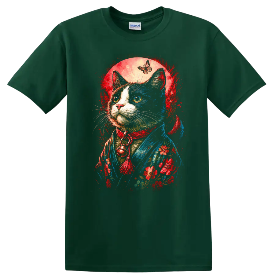 Japanese Style Cat and Butterfly Floral Art T Shirt for Cat Lovers - Forest Green