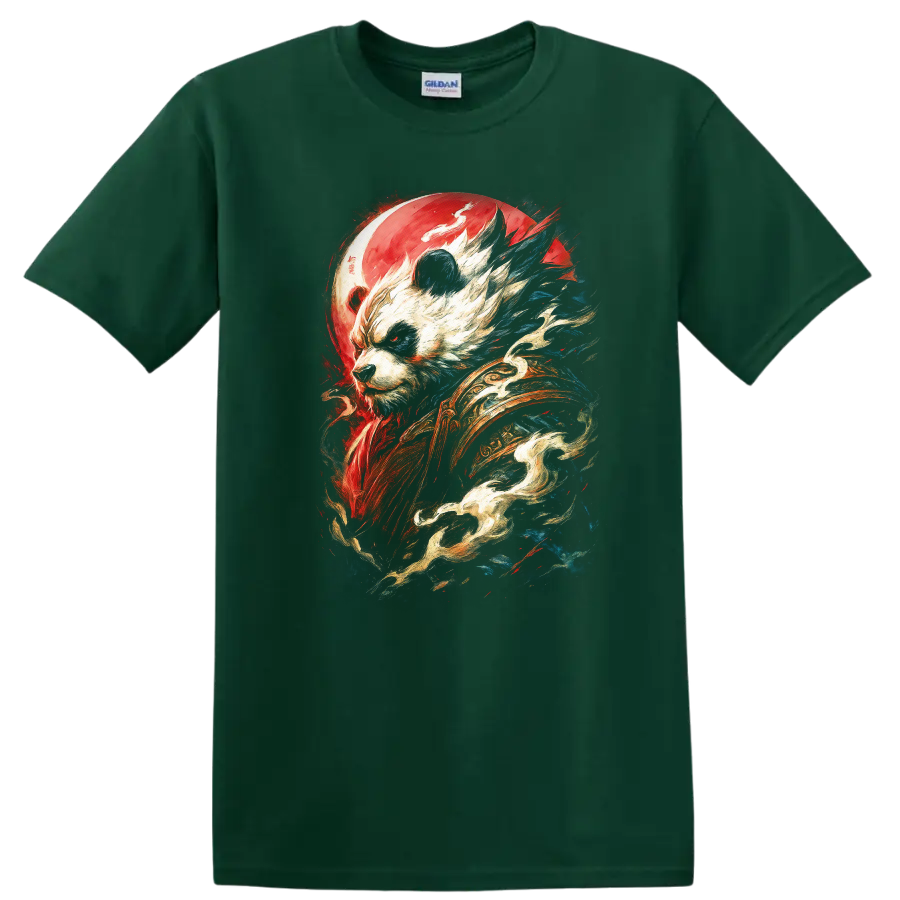 Japanese Style Panda Warrior Art T Shirt Bold Red Blue Mystic Design - Forest Green