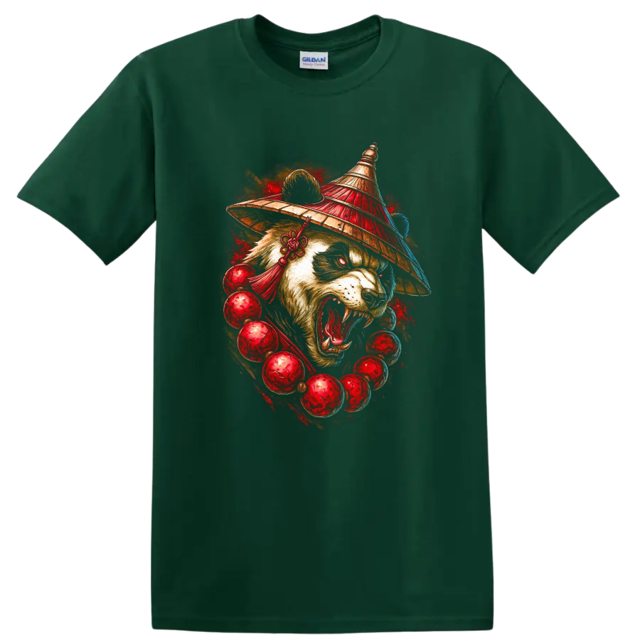 Japanese Panda Warrior Mask T Shirt with Fierce Red Art Graphic - Forest Green