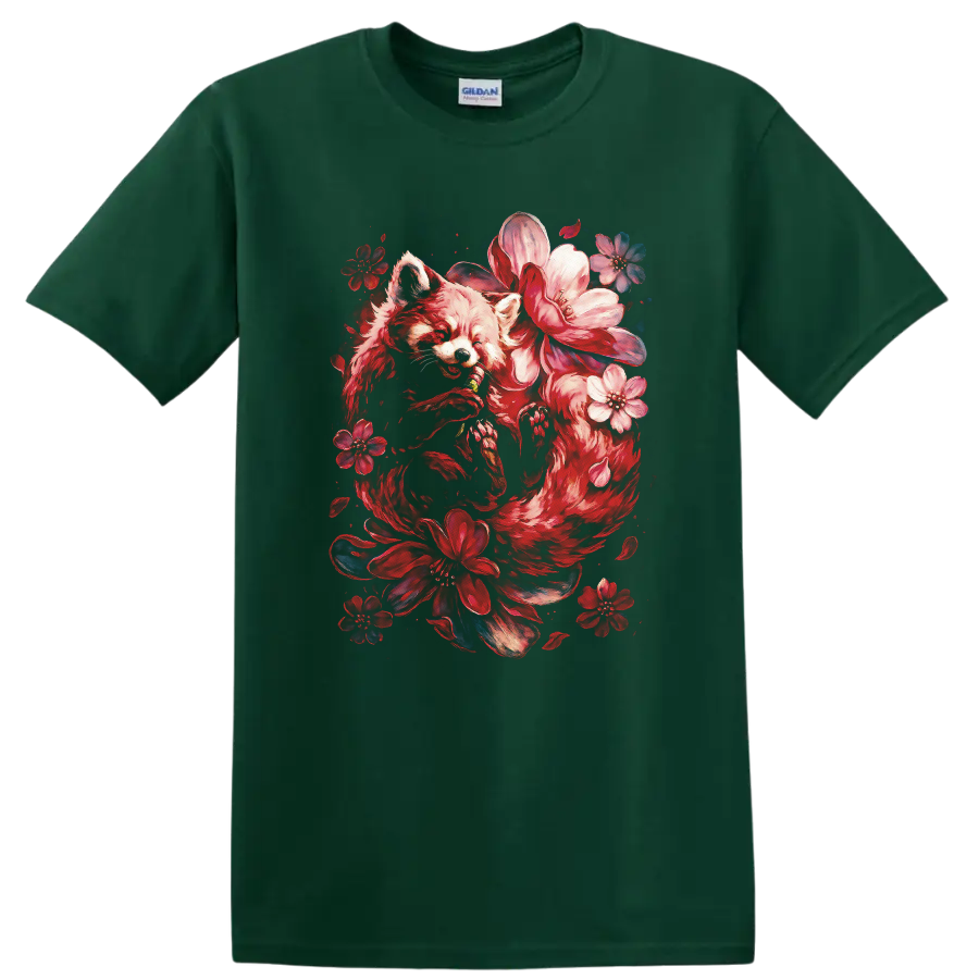 Japanese Style Red Fox Floral Art T Shirt for Nature Lovers - Forest Green