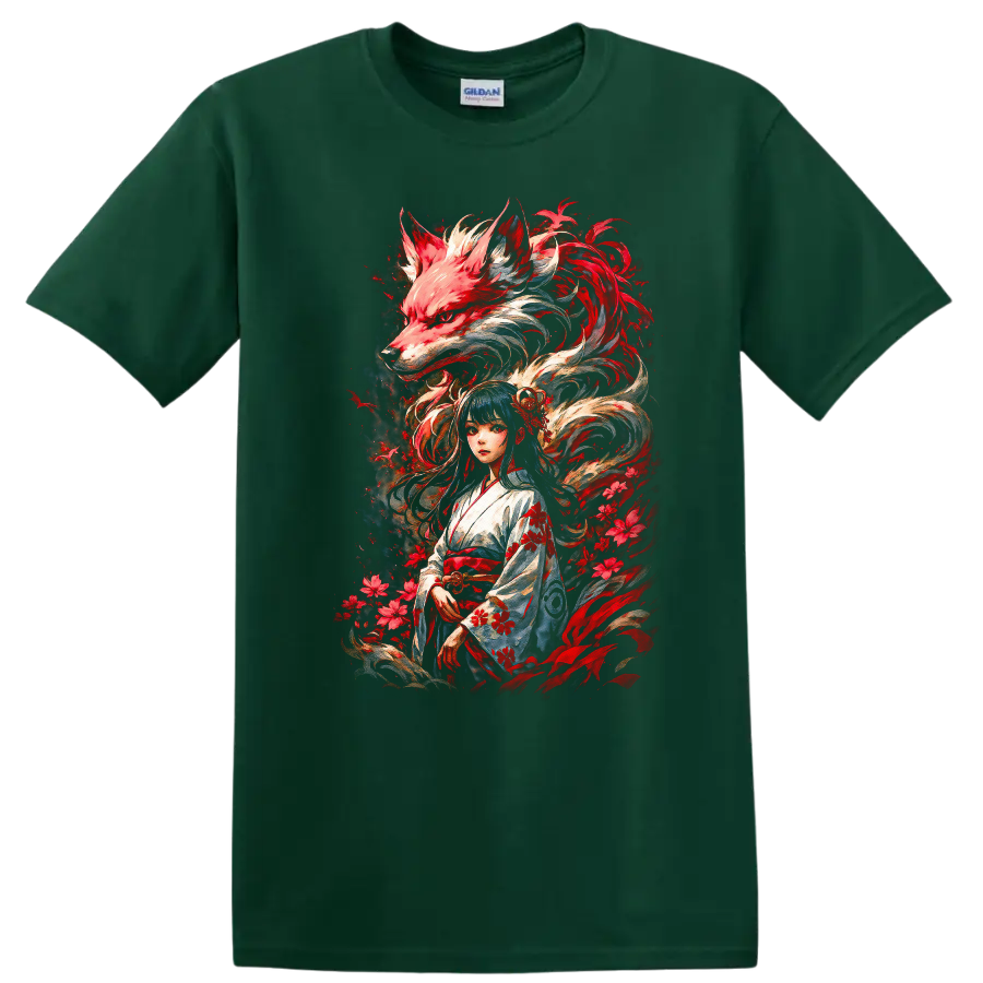 Japanese Style Kitsune Girl and Fox Spirit Anime T Shirt - Forest Green