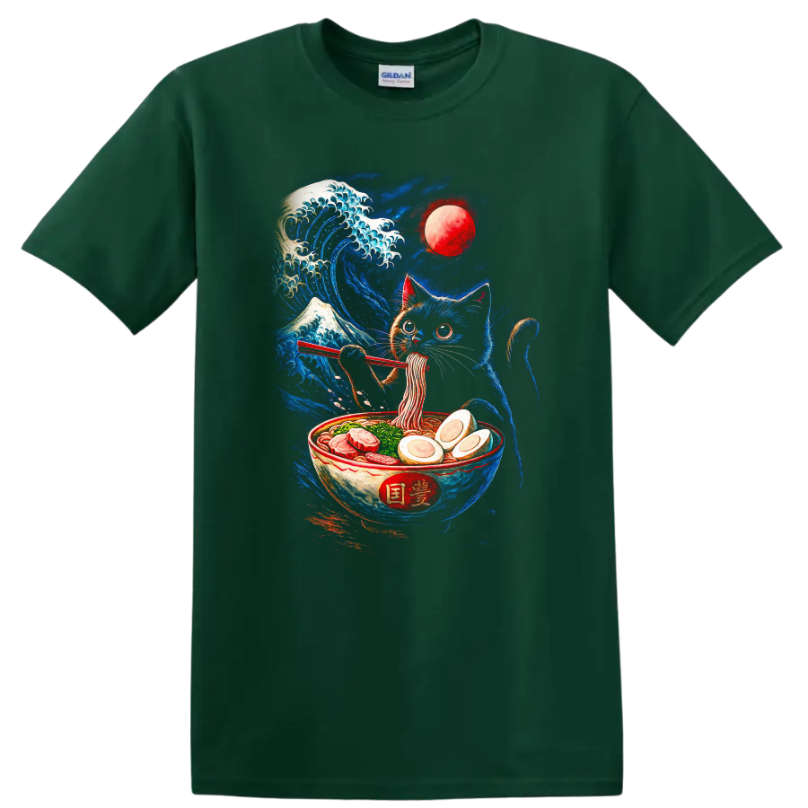 Japanese Cat Ramen Wave Moon T Shirt for Sushi and Anime Fans - Forest Green