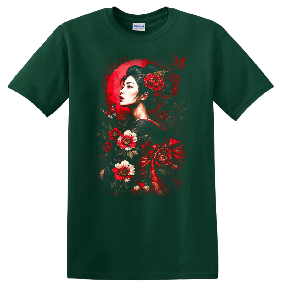 Japanese Style Geisha Floral Moon Art T Shirt for Women - Forest Green