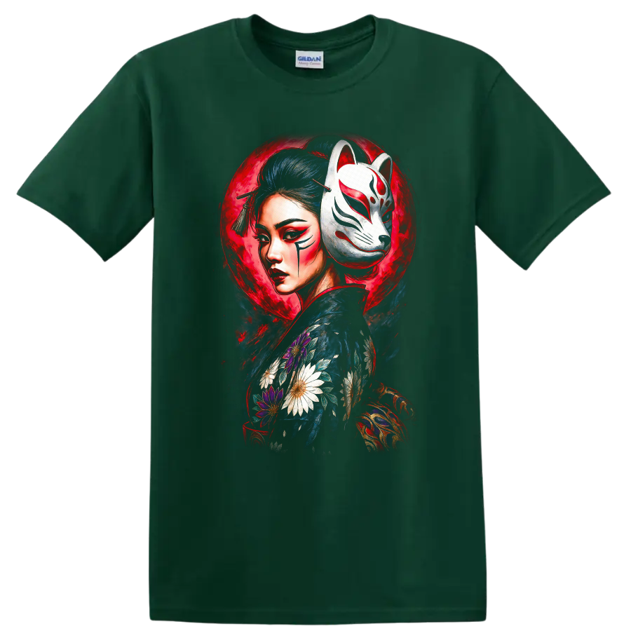 Japanese Style Geisha Fox Mask Floral Art T Shirt - Forest Green