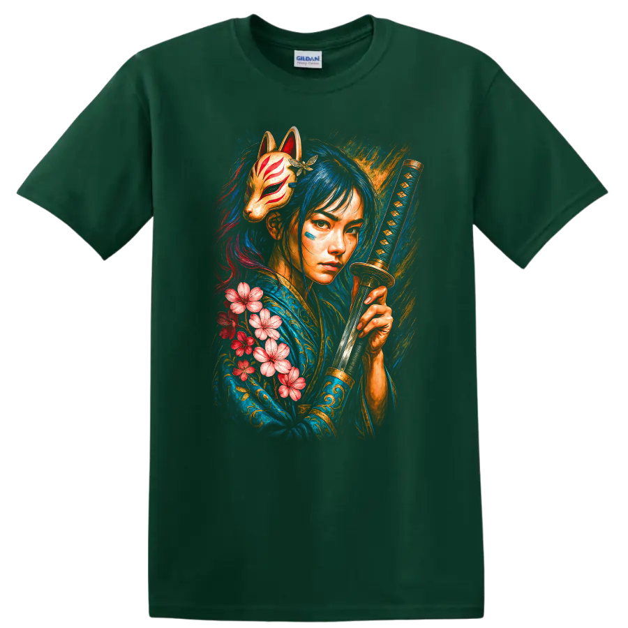 Japanese Style Samurai Girl with Fox Mask and Katana T Shirt - Forest Green