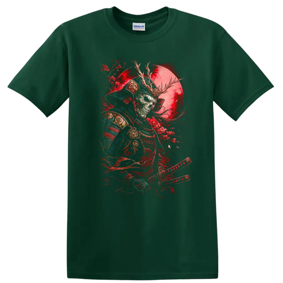 Japanese Samurai Warrior Skull Moon T Shirt Red Blue Art - Forest Green
