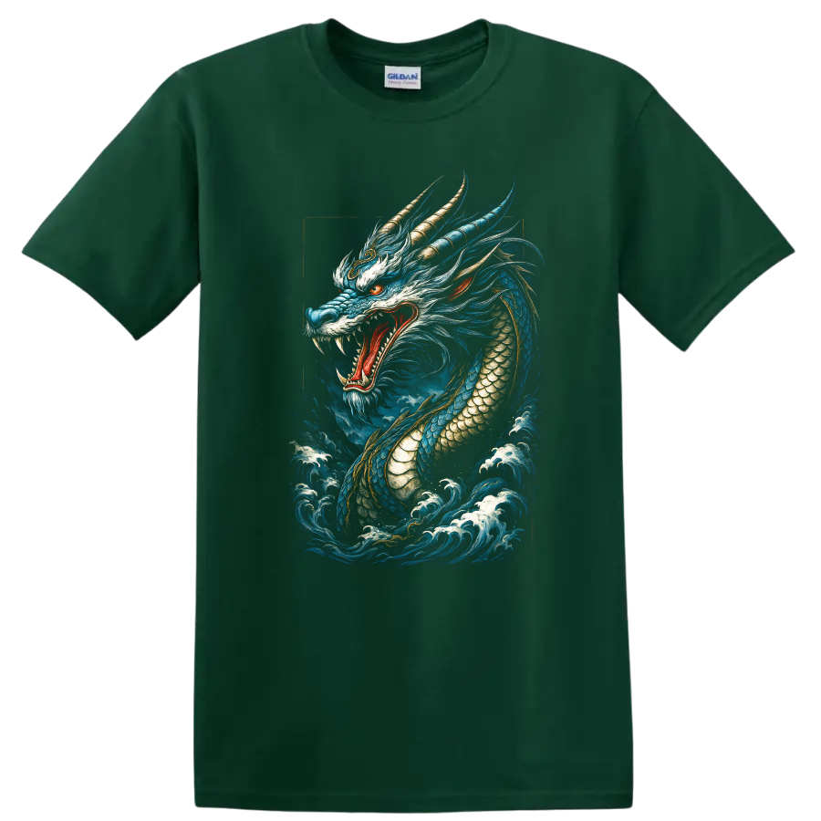 Japanese Style Blue Dragon T Shirt Fierce Mythical Wave Art - Forest Green