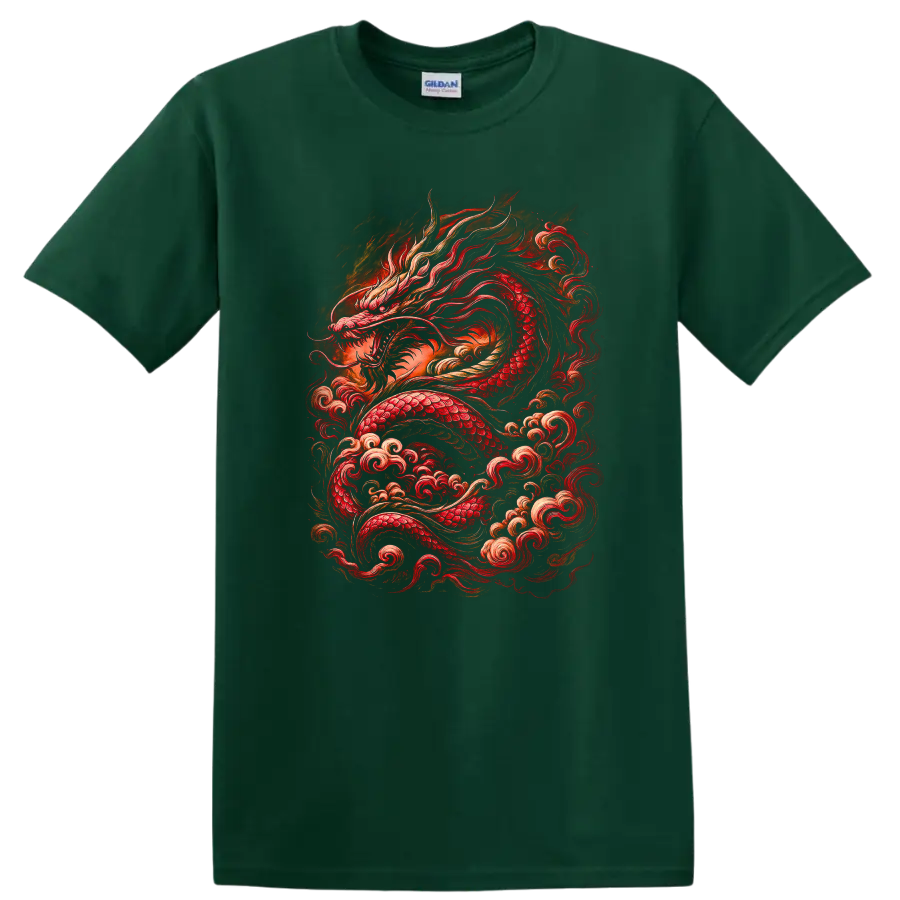 Japanese Red Dragon Fire Art T Shirt for Bold Streetwear Style - Forest Green