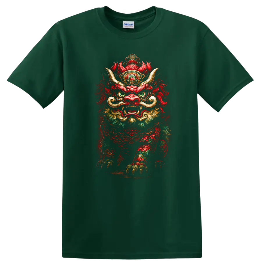 Japanese Foo Lion Dragon Mask T Shirt Colorful Mythic Creature Art - Forest Green