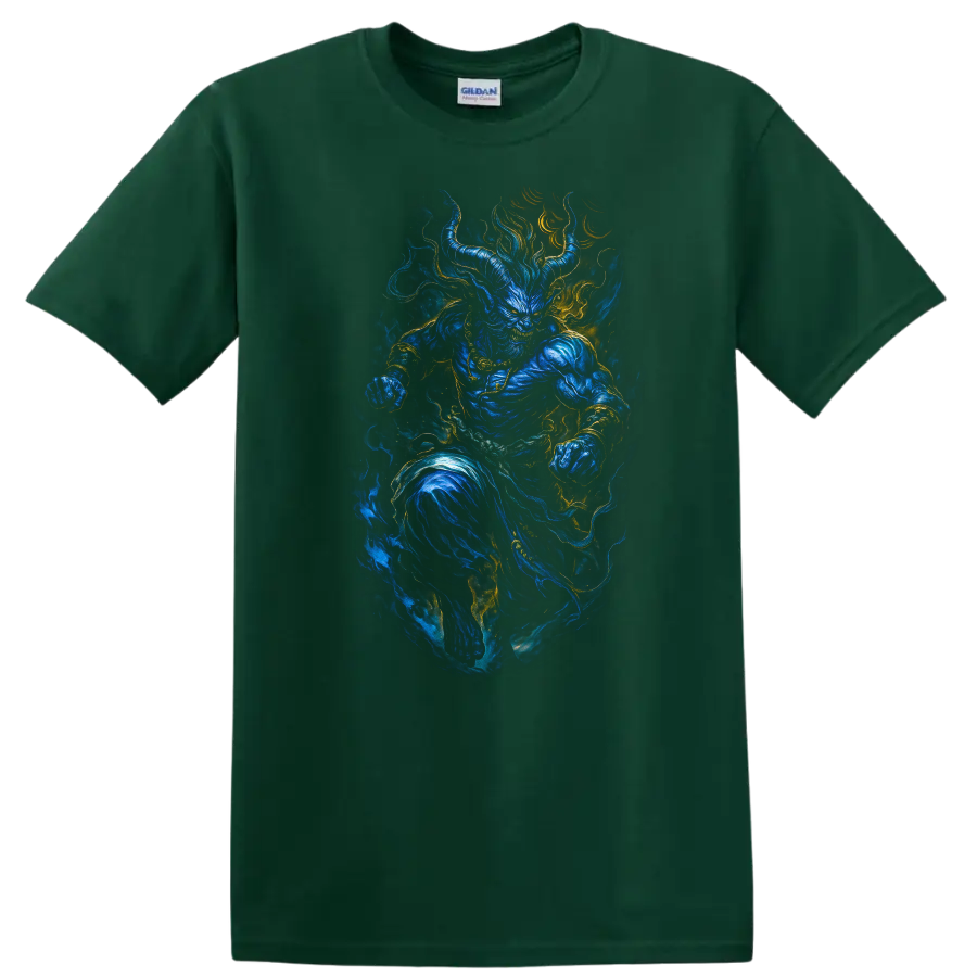 Japanese Style Blue Oni Demon Warrior T Shirt Mystical Flame Art - Forest Green