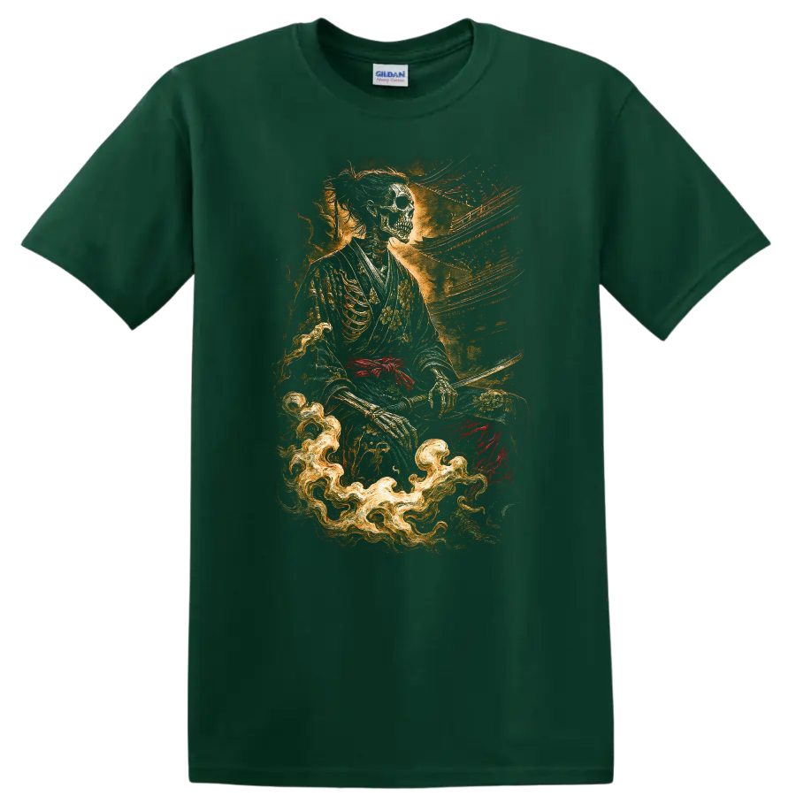 Japanese Style Skeleton Samurai T Shirt with Dark Floral Fire Art - Forest Green
