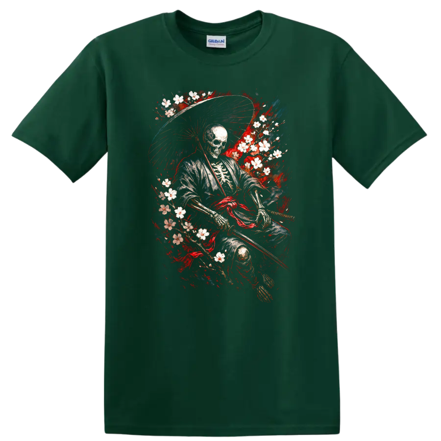 Japanese Skeleton Samurai Warrior T Shirt, Vintage Ink Style - Forest Green