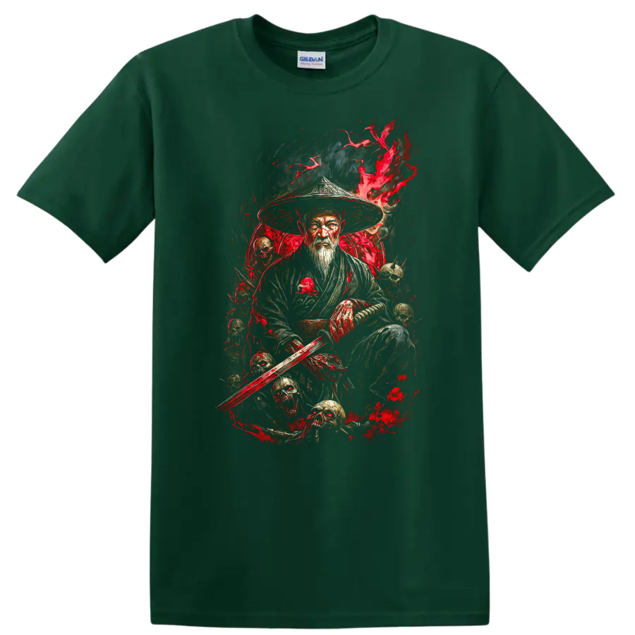 Japanese Samurai Warrior Sword Graphic T Shirt Dark Red Art - Forest Green