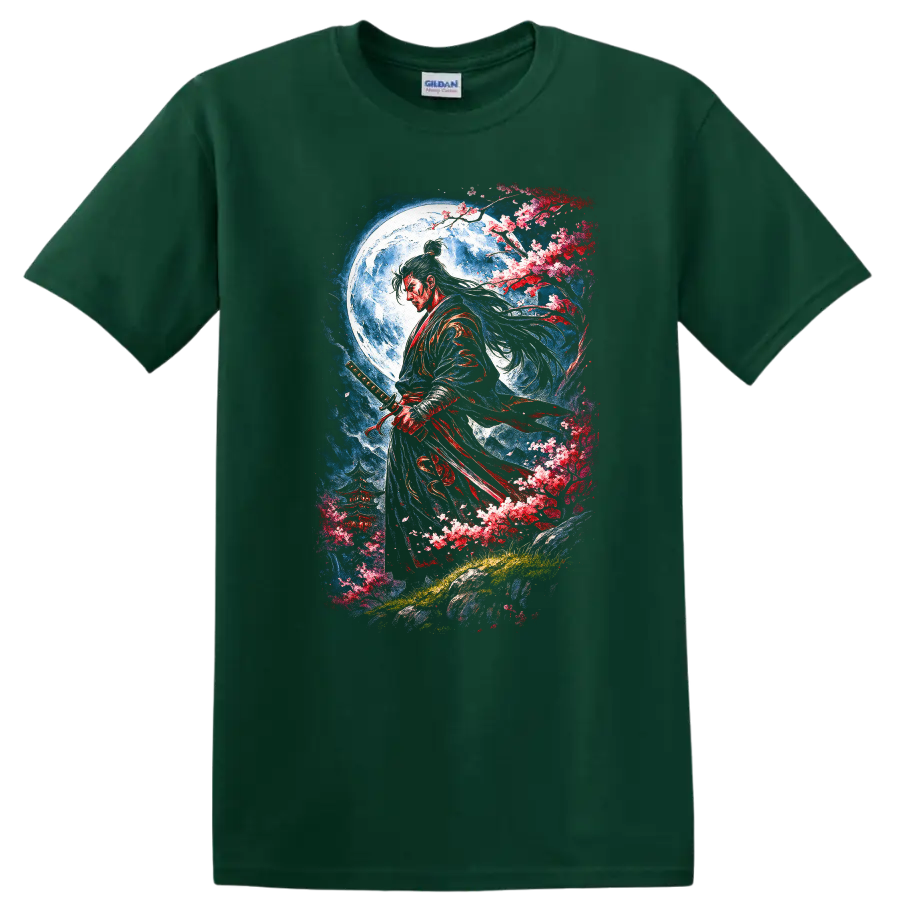 Japanese Samurai Moon Blossom Warrior T Shirt, Elegant Sword Art - Forest Green