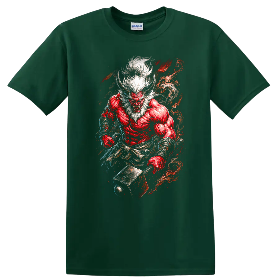 Japanese Demon Warrior T Shirt Red Oni Samurai Fire Art - Forest Green