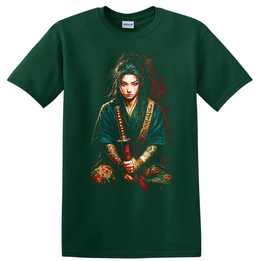 Japanese Samurai Warrior Portrait T Shirt Colorful Brushstroke Art - Forest Green
