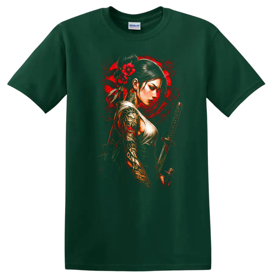 Japanese Warrior Woman Katana Floral Art T Shirt for Anime Style Fans - Forest Green