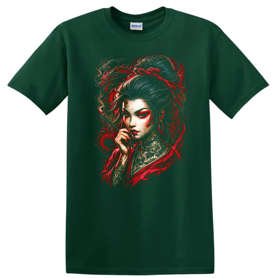 Japanese Style Geisha Dragon Art T Shirt Vibrant Red and Blue Portrait - Forest Green