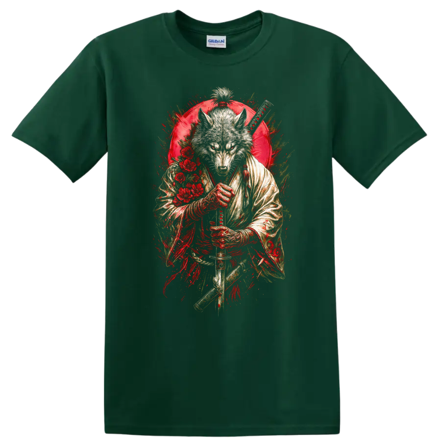 Japanese Wolf Samurai Sword Art Graphic T Shirt - Forest Green