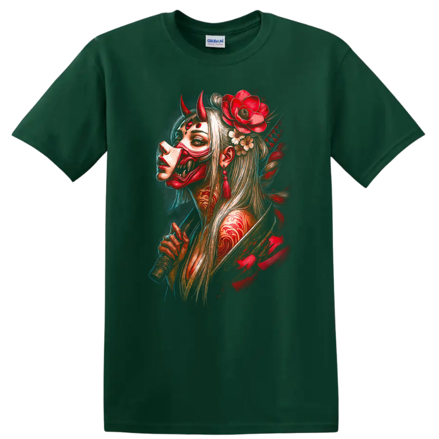 Japanese Oni Mask Woman Art T Shirt Red Demon Floral Samurai Style - Forest Green