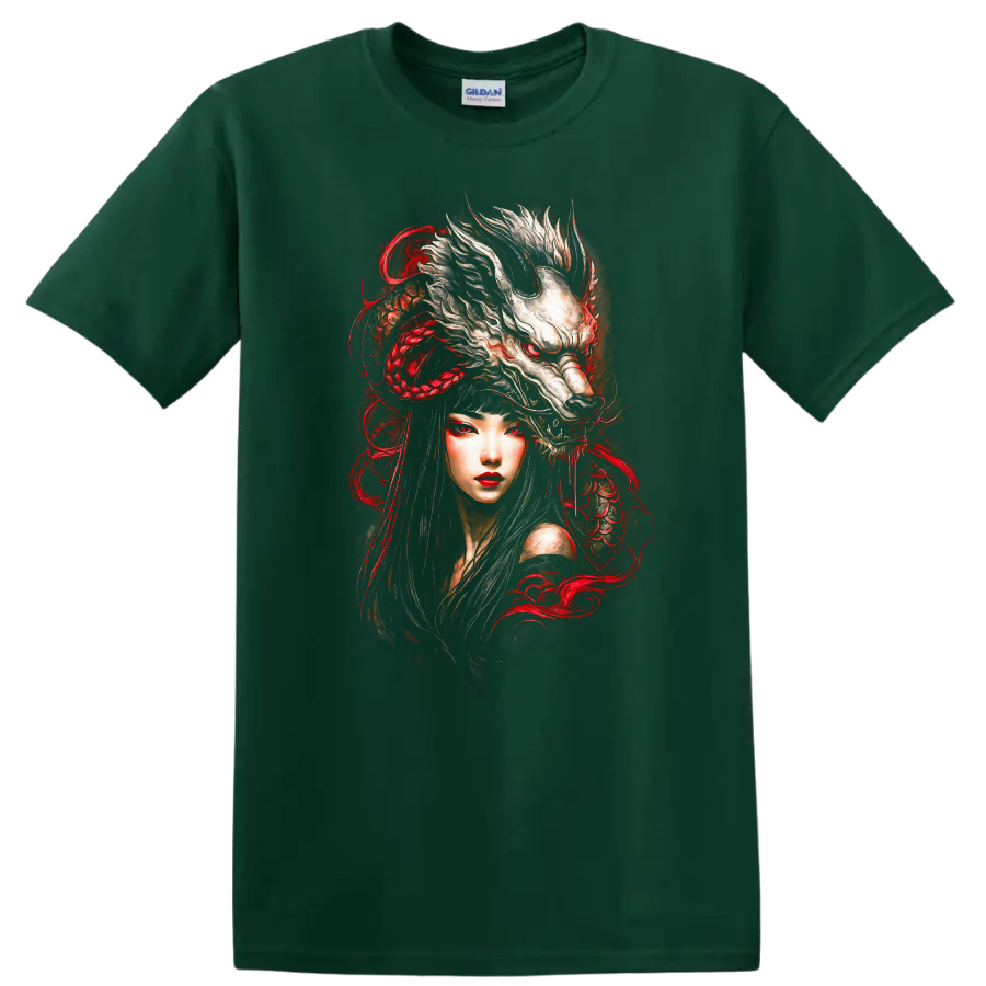 Japanese Style Oni Wolf Woman T Shirt Red Black Fantasy Art - Forest Green