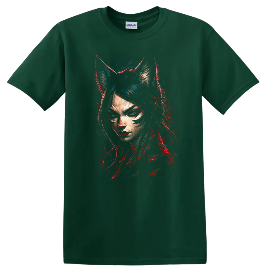 Japanese Style Cat Girl Portrait Neon Red Blue T Shirt - Forest Green