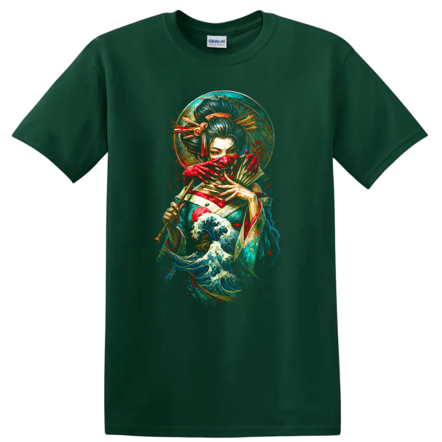 Japanese Geisha Waves T Shirt Vintage Samurai Art Design - Forest Green