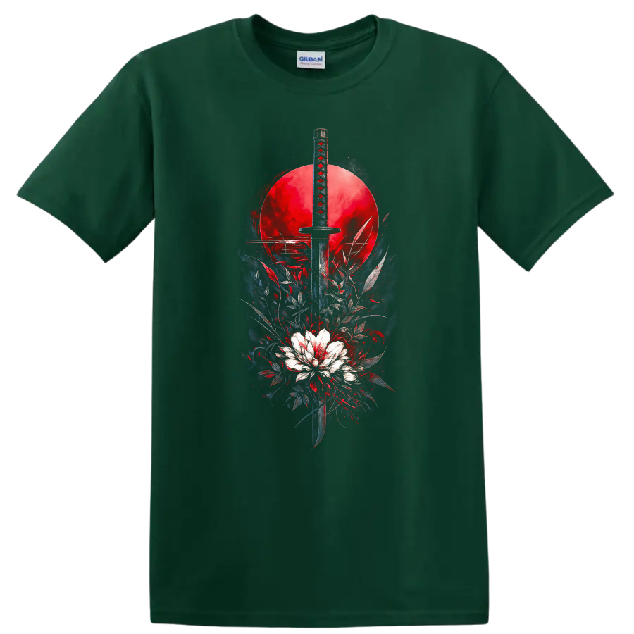 Japanese Style Katana Sword Red Sun Graphic T Shirt - Forest Green