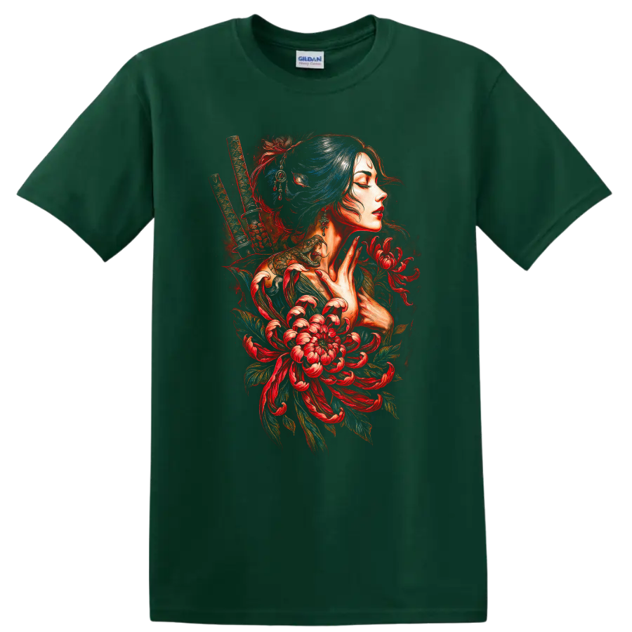 Japanese Geisha Samurai Floral Portrait T Shirt for Women - Forest Green