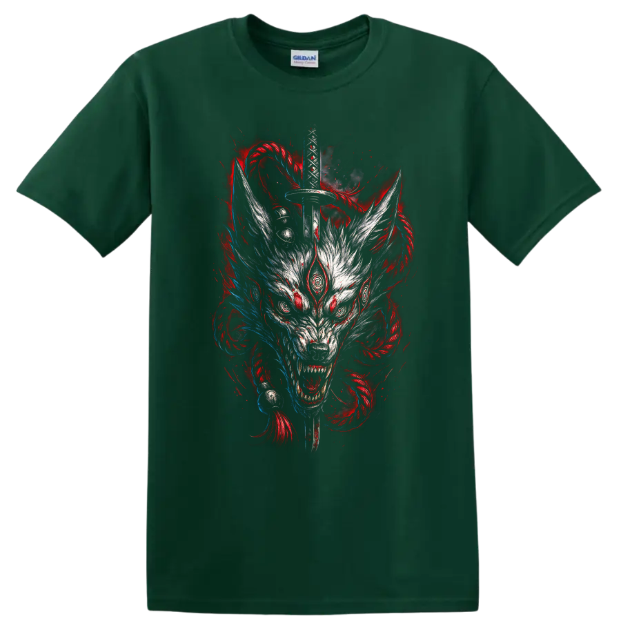 Japanese Style Wolf Sword Graphic T Shirt for Dark Anime Art Fans - Forest Green
