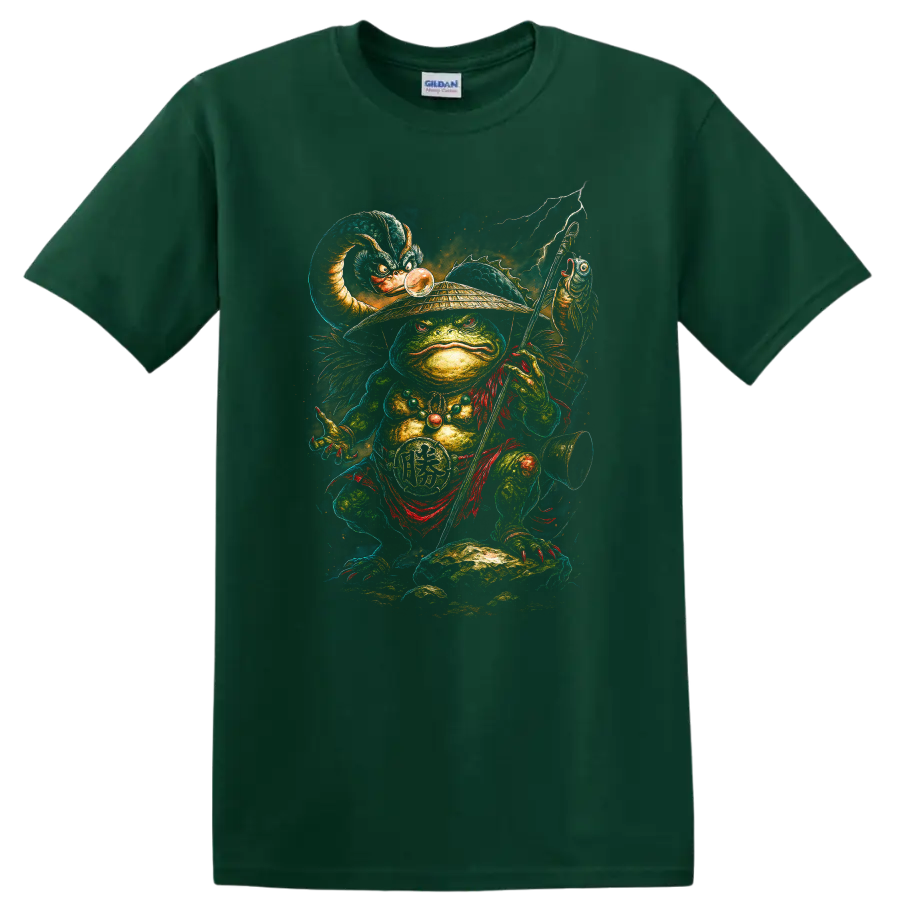 Japanese Style Frog Warrior T Shirt Samurai Staff Lightning Graphic - Forest Green
