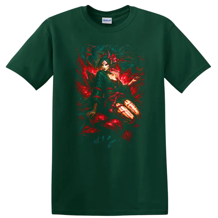 Japanese Geisha Warrior Fox Mask Art T Shirt Mythical Floral Design - Forest Green