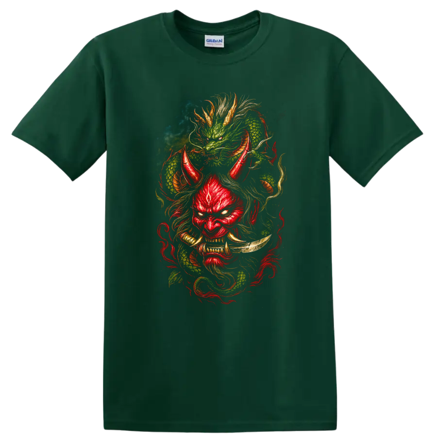 Japanese Style Dragon Mask T Shirt Red and Green Mythic Art - Forest Green